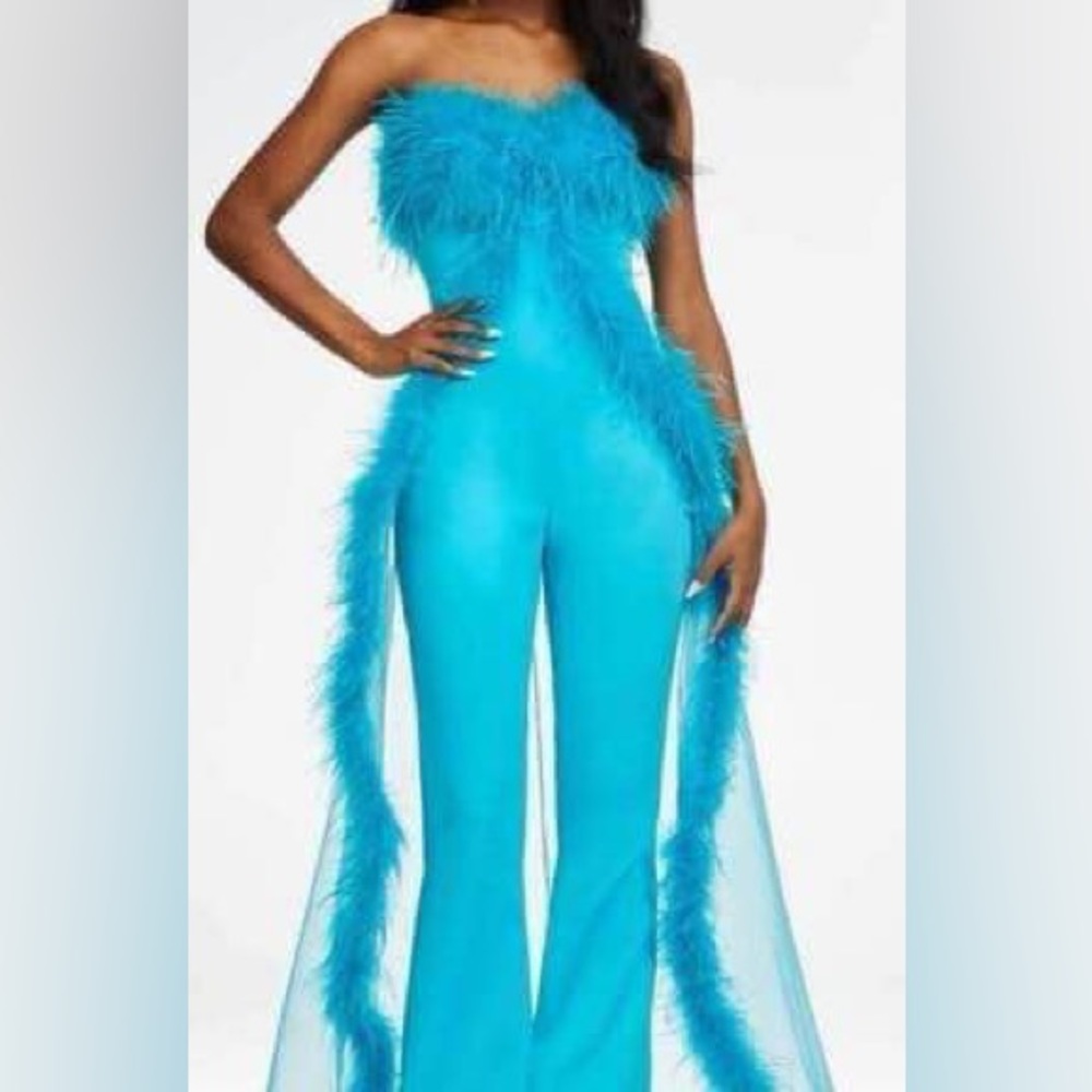 NWT Ashley Lauren Turquoise Strapless Feather Overskirt Jumpsuit